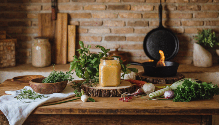 In a warm and earthy rustic kitchen setting, a jar of grass-fed beef tallow takes center stage amidst fresh herbs and vegetables, subtly highlighting its premium quality with a cast iron skillet and gentle flame in the background, evoking traditional culinary practices and appealing to health-conscious home cooks in the USA.