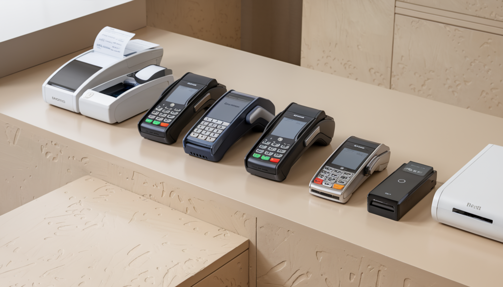 The image depicts a modern retail setting with a sleek counter showcasing a range of credit card terminals including wired, wireless, and mobile options, alongside PIN pads and multilane devices, complemented by POS accessories like barcode scanners, cash drawers, and receipt printers, all within a well-lit store with neutral backgrounds, emphasizing the efficiency and practicality of payment solutions in educational institutions.